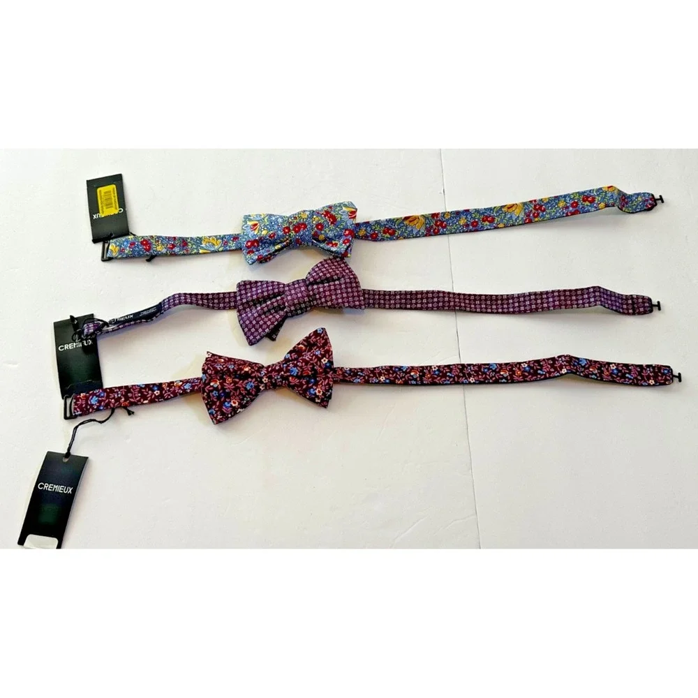 Cremieux Bow Tie Floral Geometric 100% Silk Set of 3 Blue Burgundy Yellow NEW